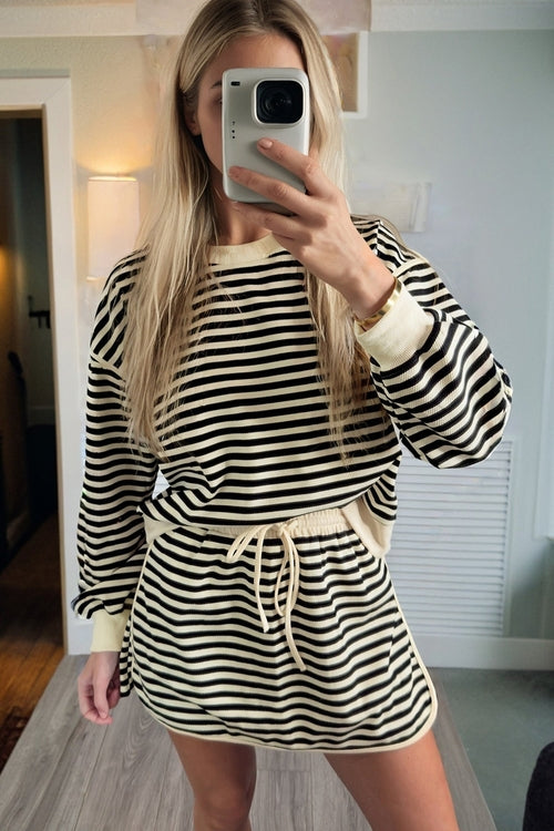Stripe Textured Pullover Top and Mini Skirt Set